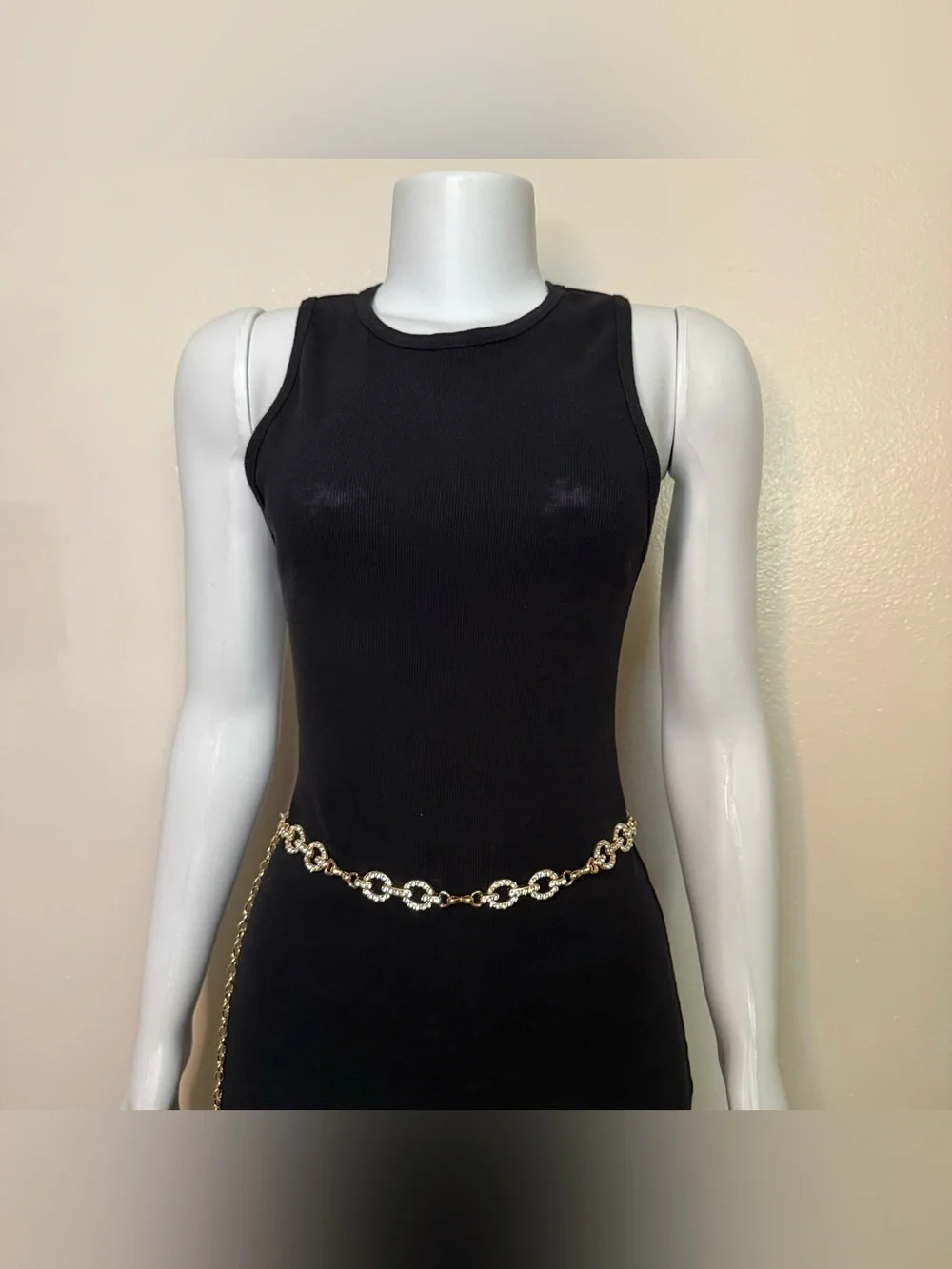 Gold tone oval links metal chain belt with rhinestone details